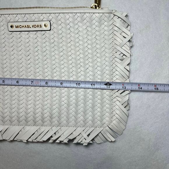 NWT Michael Kors Jet Set Woven Fray Edge Optic White Zip Pouch Clutch Wristlet - Picture 9 of 10